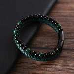 Men's Personality Stainless Steel Leather Bracelet Green Beads Braided Bracelet