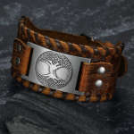 Asgard Crafted Leather Buckle Arm Cuff With Metal Celtic Tree Of Life Design