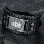 Asgard Crafted Leather Buckle Arm Cuff With Metal Celtic Tree Of Life Design