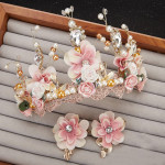 Sweet Pink Bride Handmade Beaded Lace Tiara Corone Crown Ceramic Flower Hair Headdress