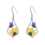 Sterling Silver Sunflower Dangle Earrings with Purple Butterfly Gift for Women