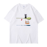 Black Cat Suspended Service Text Pattern Short Sleeve T-shirt Riding Broom