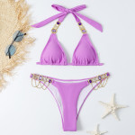 Sexy Bandage Plain Women's Split Swimsuit Gold Accessories Swimwear