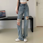 Women's Retro High Waist Straight Ripped Jeans