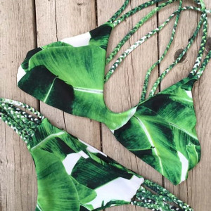2021 New Leaf Pattern Bikini Set Swimwear Bathing Suit Braided rope Swimsuit