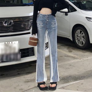 Design Contrast Color Jeans High Waist Show Long Legs