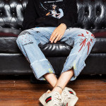 Graffiti-embroidered Frayed Wash Jeans