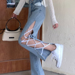 Side Slit Irregular High Waist Strappy Jeans Women's Spring Korean Style