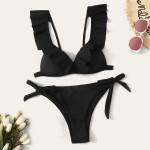 Ladies Split Solid Color Ruffled V-Neck Sexy Bikini Swimsuit