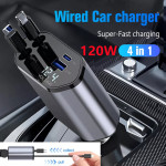 Retractable Car Charger 120W USB&Type C Cable For Phone Fast Charge Adapter