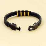 Black Leather Braided Stainless Steel Bead Bracelet