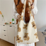 Cute Bear Print Bags Winter Lamb Shoulder Bag Women Shopping Handbags