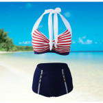 Ladies split swimsuit sexy striped bikini high waist