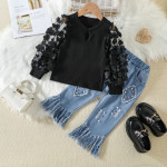 Girls Mesh Stitching Top Tassel Fur Trim Jeans Set