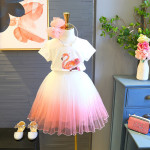 Girls' Flamingo Short-sleeved T-shirt Gradient Color Gauze Skirt Two-piece Set