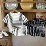 Little Bear Striped Round Neck Short Sleeve Shorts