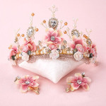 Sweet Pink Bride Handmade Beaded Lace Tiara Corone Crown Ceramic Flower Hair Headdress