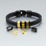 Black Leather Braided Stainless Steel Bead Bracelet