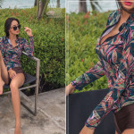 Printed High Waist Split Women's Swimsuit With Long Sleeves