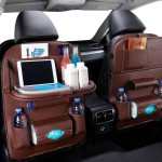 Car Seat Back Pu Leather Pad Bag Car Storage Organizer Foldable Table Tray Travel Storage Bag Auto Accessories