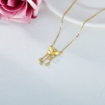 14k Solid Yellow Gold Textured Two Butterfly Pendant with Moissanite Necklace 