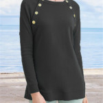 Women's New Metal Button Round Neck Plain Casual Long-sleeved Sweater