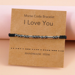 Stainless Steel Black Gallstone Beaded Couple Hand Woven Card Morse Code Bracelet