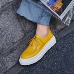 2021 New Height Increase Casual Shoes Women Simple Yellow Leather Lace-up Single Shoes Platform Platform Shoes British Style Women's Shoes