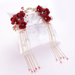 Bridal fabric headdress red flowers Chinese hairpin