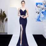 New Banquet Elegant Annual Meeting Long Host Deep V Sexy Fishtail Sequined Dress