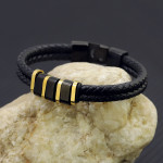 Black Leather Braided Stainless Steel Bead Bracelet