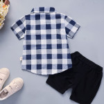 Summer Short Sleeve Suit Plaid Lapel Two-piece Baby Clothes