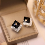 Square Stud Earrings Female S990 Sterling Silver Black