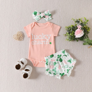 Alphabet Printed Romper Shorts With Three Piece Hair Band