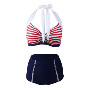 Ladies split swimsuit sexy striped bikini high waist