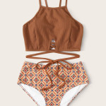 Women In High Waisted Brown Split Swimsuit