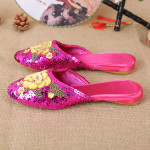 New Women's Handmade Sequin Silk Satin Cloth Slippers Flat Heel Personality Fashion Handmade Embroidery Slippers