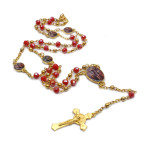 QIGO Crystal Rosary Necklace For Women Long Gold Cross Pendant Religious Jewelry