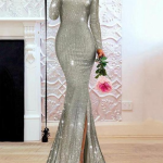 Europe and the United States one shoulder asymmetric sparkling crystal long dress skirt dress