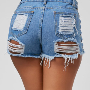 Denim Hot Pants Shorts Women's Straight Broken Corns Lace-up