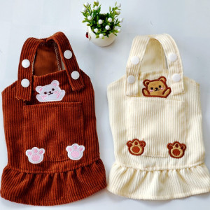 Bear Embroidered Corduroy Dress With Straps