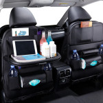 Car Seat Back Pu Leather Pad Bag Car Storage Organizer Foldable Table Tray Travel Storage Bag Auto Accessories