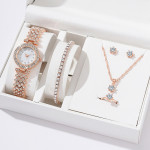 5pcsset Diamond Bracelet Necklace Stud Ring Watch Jewelry Set