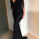 Explosion models sexy black sequins V-neck sleeveless slim dress long skirt