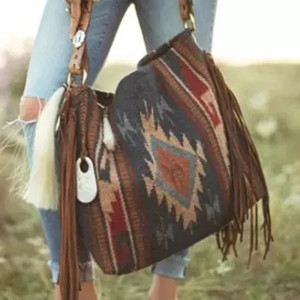 Western Cowboy Style Diamond Print Canvas Bag Shoulder Tassel Zipper