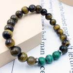 Natural Malachite Tiger Eye Stainless Steel Beaded Bracelet