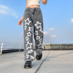 Five Pointed Star Printing Used Washed Jeans