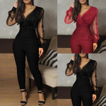 European And American Ladies Fashion V-neck Sequins Mesh Long Sleeve Jumpsuit