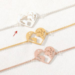 Heart-shaped Hollowed Out World Map Stainless Steel Pendant Bracelet