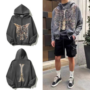 Hip-hop Retro Skeleton Damaged Printed Cardigan Coat